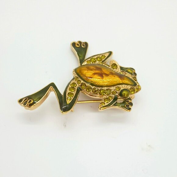 Liz Claiborne Leaping Frog Brooch Vintage Gold Tone Pin with Green Rhinestones - Picture 3 of 6